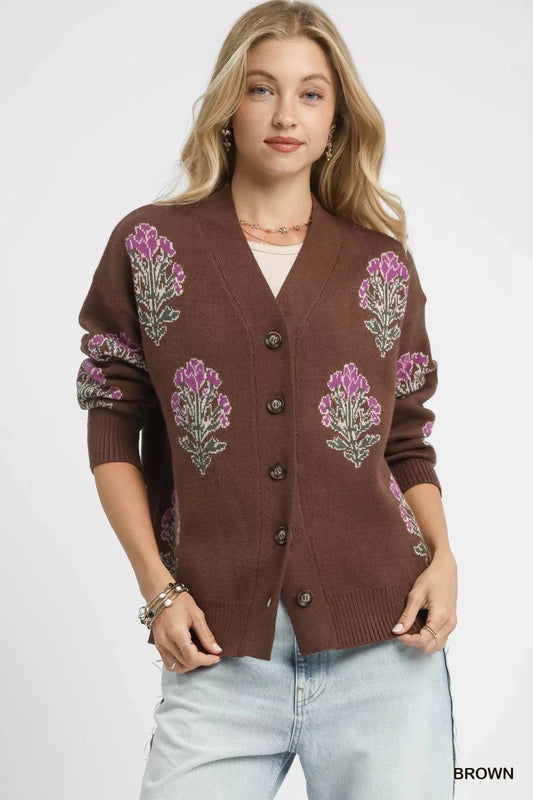 Umgee Single Flower Stem Jacquard Cardigan Sweater | Cardigans | 1