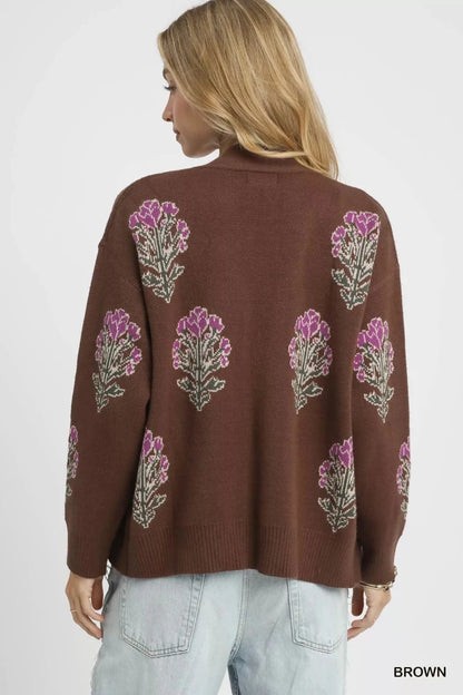 Umgee Single Flower Stem Jacquard Cardigan Sweater | Cardigans | 4