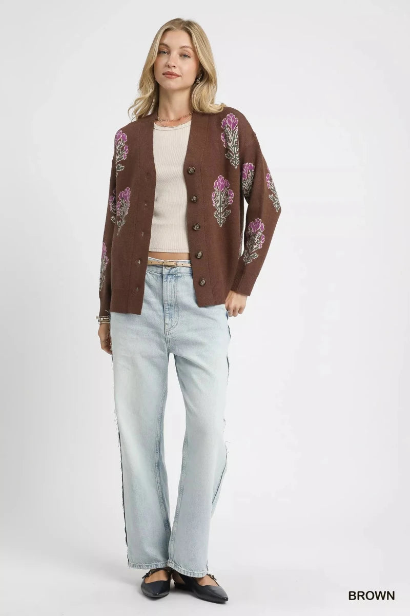 Umgee Single Flower Stem Jacquard Cardigan Sweater | Cardigans | 5