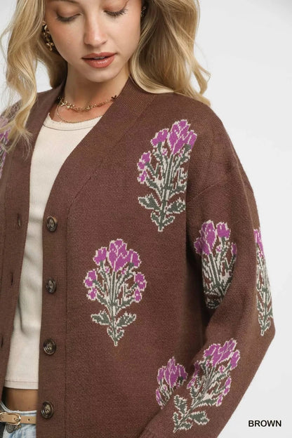 Umgee Single Flower Stem Jacquard Cardigan Sweater | Cardigans | 6