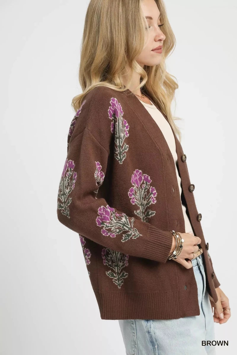 Umgee Single Flower Stem Jacquard Cardigan Sweater | Cardigans | 3