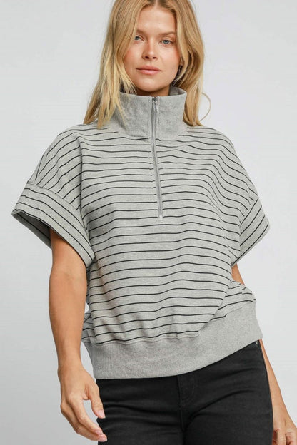 Umgee Striped Half Zip Short Sleeve Sweatshirt | Tops | 1