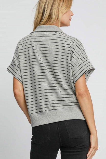 Umgee Striped Half Zip Short Sleeve Sweatshirt | Tops | 2