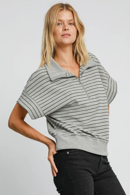 Umgee Striped Half Zip Short Sleeve Sweatshirt | Tops | 3