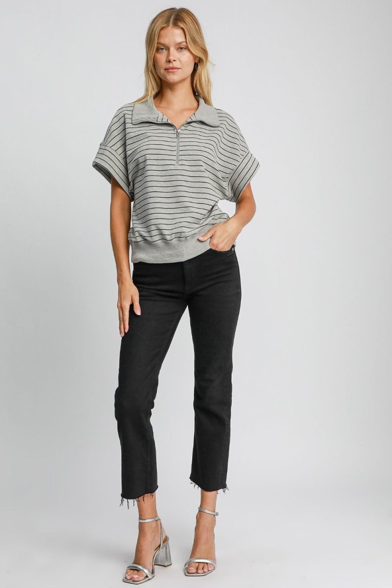 Umgee Striped Half Zip Short Sleeve Sweatshirt | Tops | 4