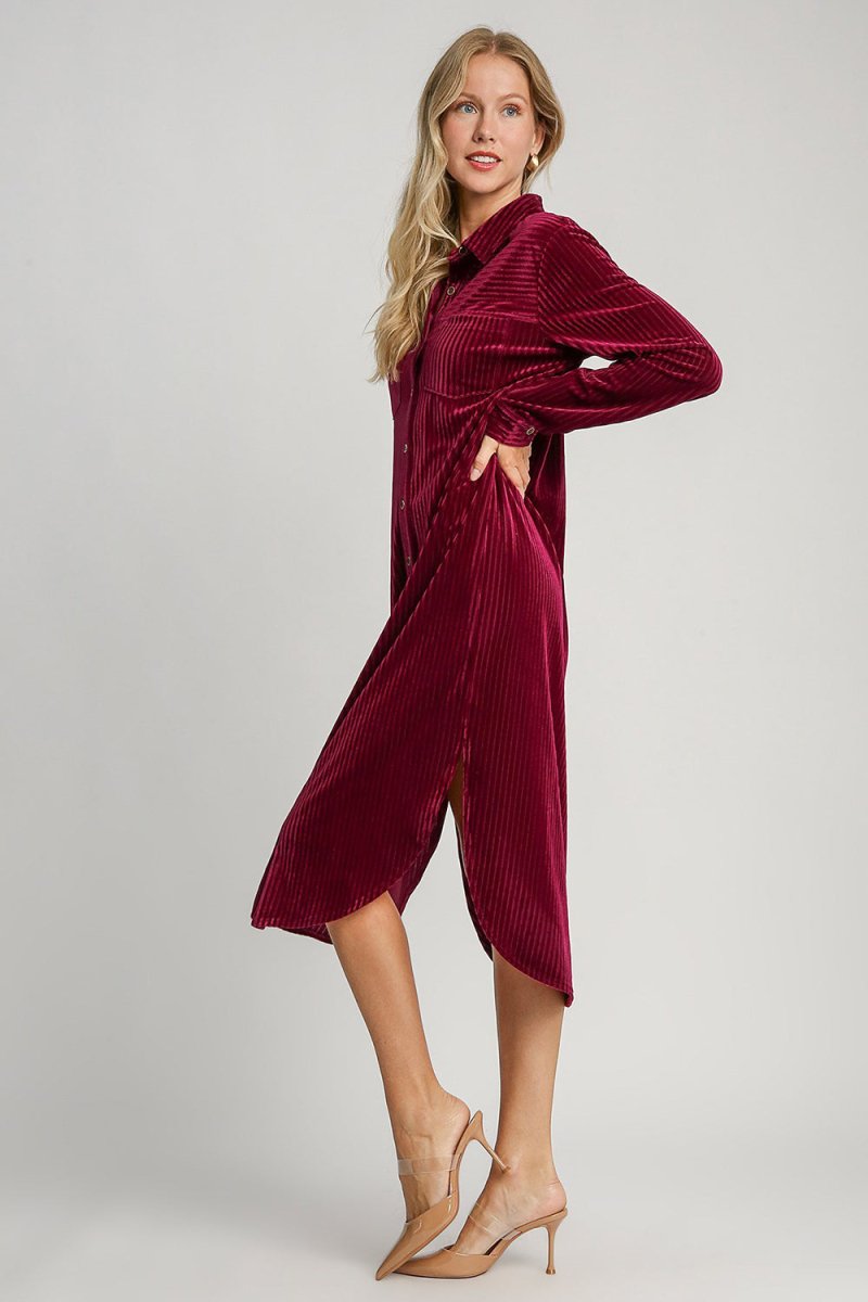 Umgee Texture Curved Hem Button Down Shirt Dress | Midi Dresses | 3