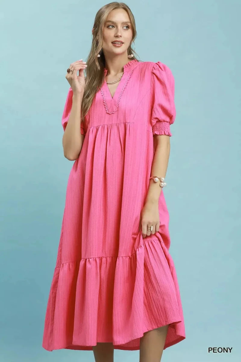 Umgee Textured Puff Sleeve Midi Dress | Dresses | 1