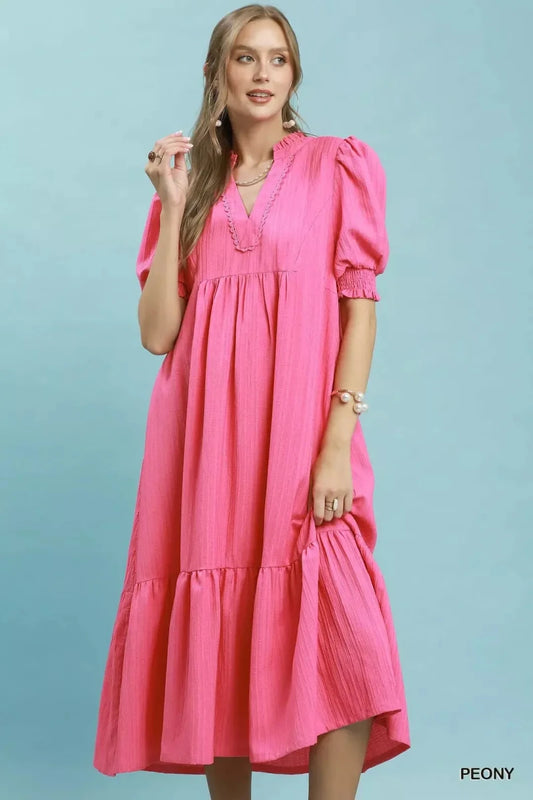 Umgee Textured Puff Sleeve Midi Dress | Dresses | 1