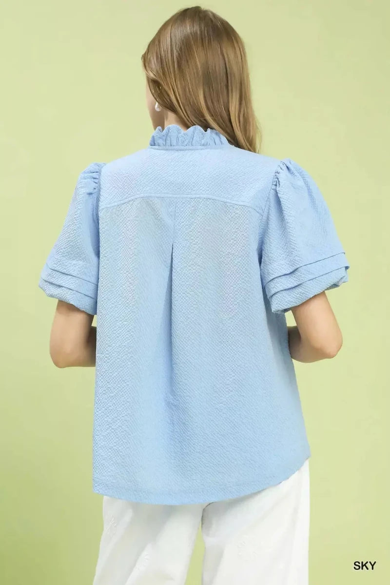 Umgee Textured Scallop Trim Puff Sleeve Blouse | Tops | 3