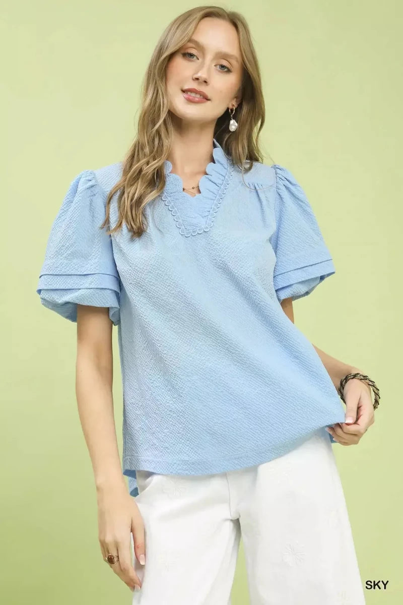 Umgee Textured Scallop Trim Puff Sleeve Blouse | Tops | 1
