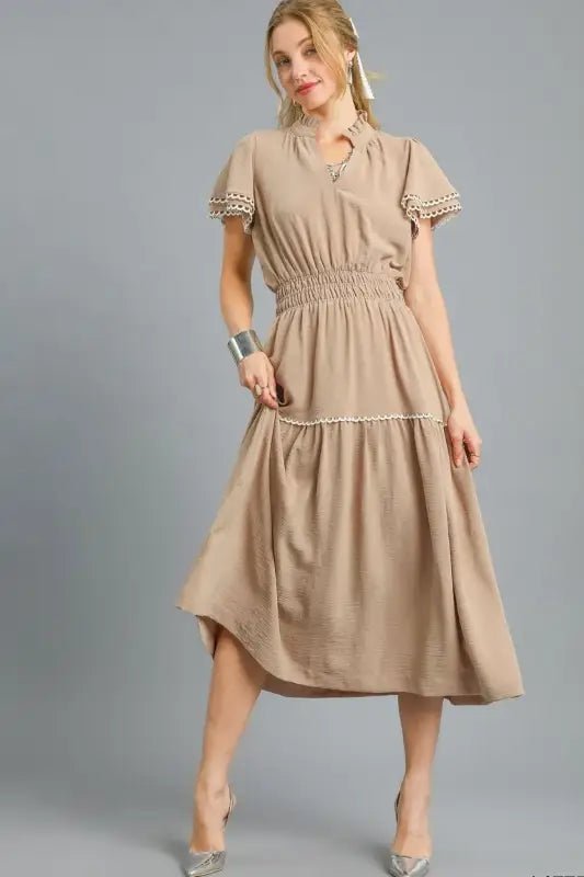 Umgee Tiered Flutter Sleeve Midi Dress - Camel / S - Dresses