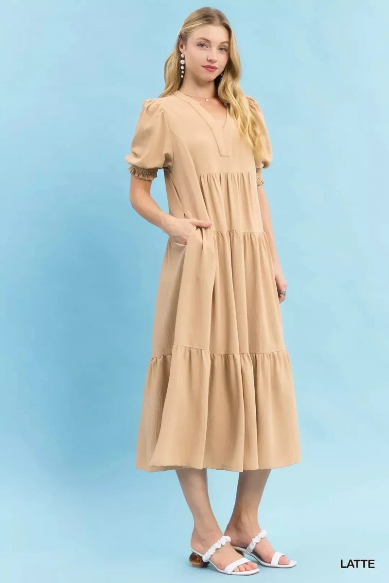 Umgee V - Neck Puff Sleeve Tiered Midi Dress | Dresses | 3
