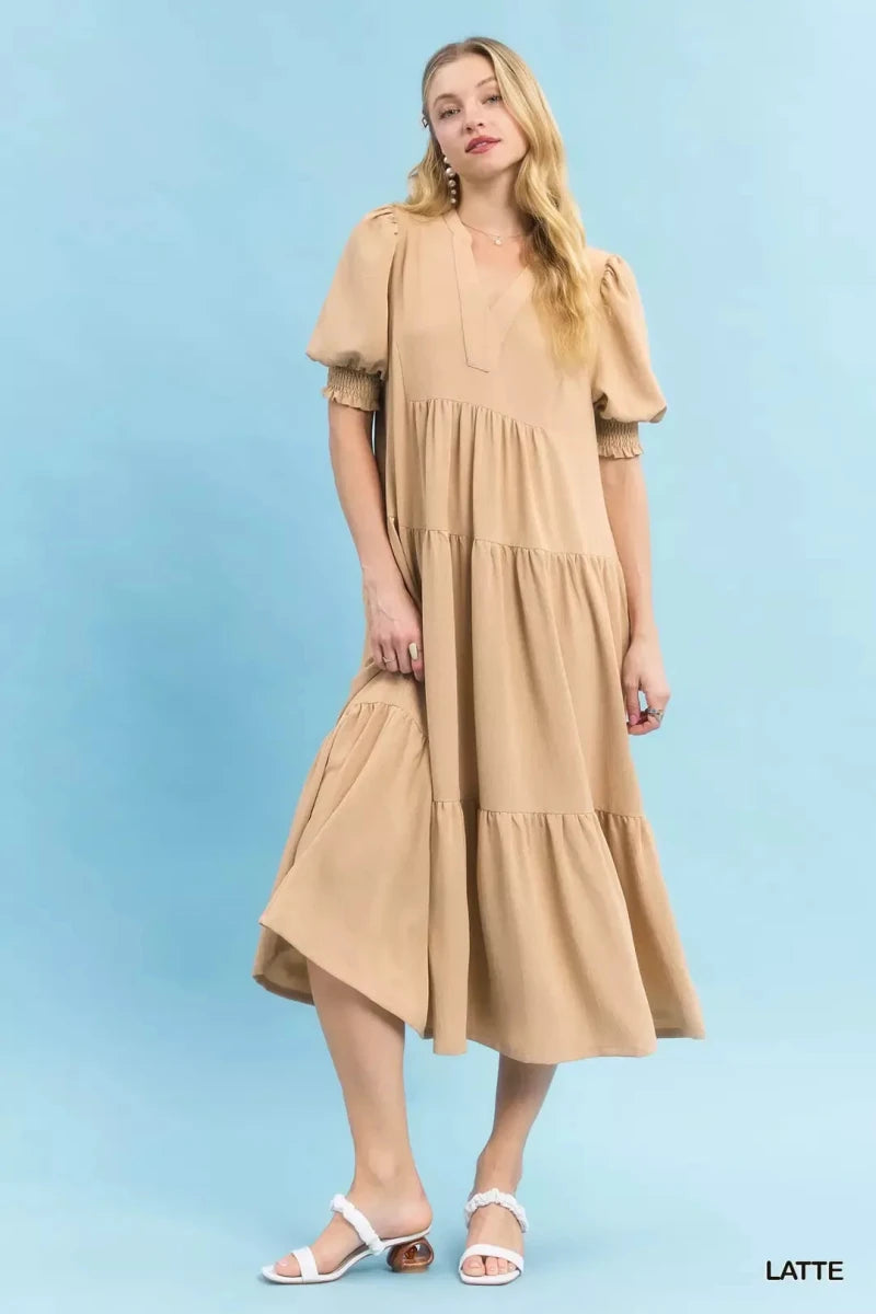 Umgee V - Neck Puff Sleeve Tiered Midi Dress | Dresses | 2