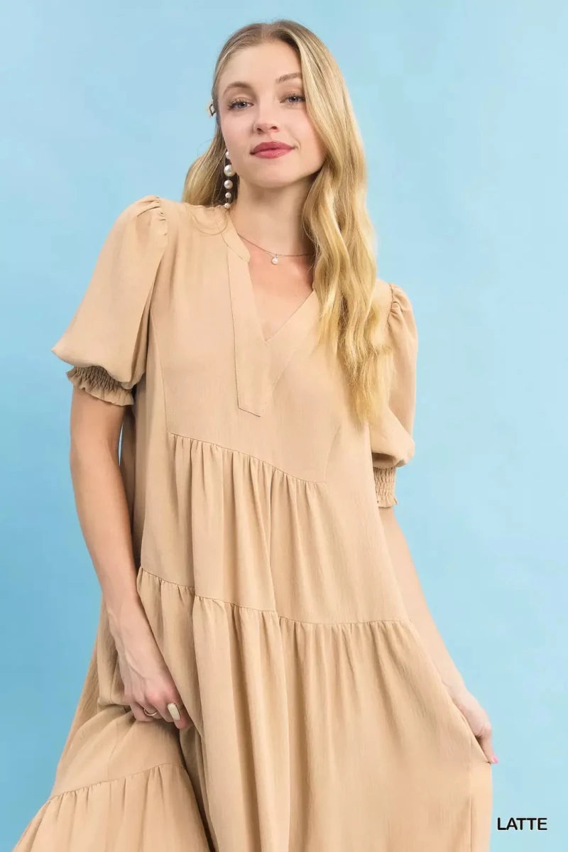 Umgee V - Neck Puff Sleeve Tiered Midi Dress | Dresses | 5