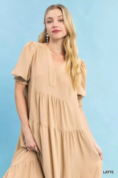 Umgee V - Neck Puff Sleeve Tiered Midi Dress | Dresses | 5