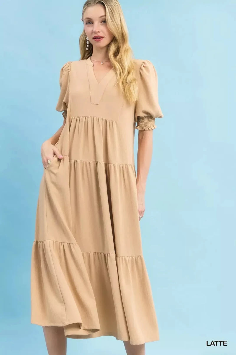 Umgee V - Neck Puff Sleeve Tiered Midi Dress | Dresses | 1
