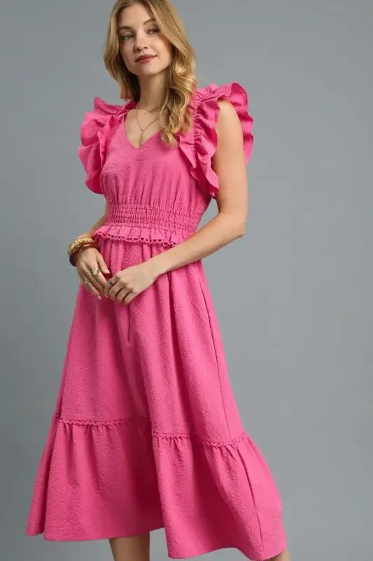 Umgee V-Neck Ruffled Cap Sleeve Midi Dress - Hot Pink / S - Dresses