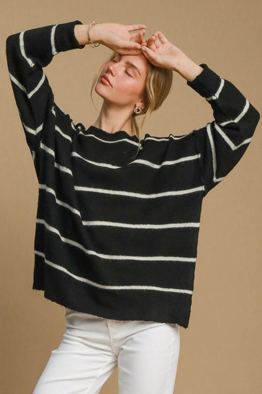 Umgee Wool Blend Striped Round Neck Sweater | Sweaters | 1