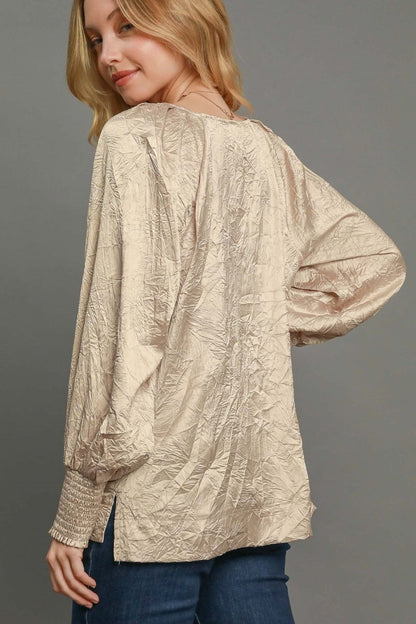 Umgee Wrinkled Round Neck Lantern Sleeve Blouse | Tops | 2