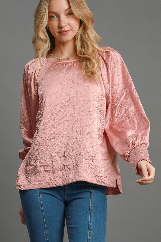 Umgee Wrinkled Round Neck Lantern Sleeve Blouse | Tops | 1