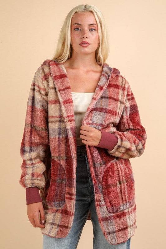 VERY J Fuzzy Plaid Long Sleeve Hooded Jacket | Jackets | 1