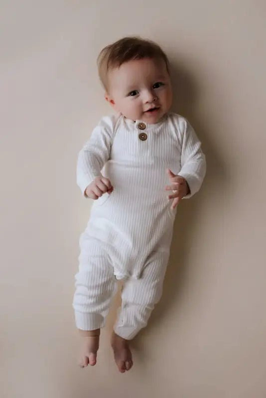 White Baby Ribbed Playsuit with pockets by Three Little Tots - Toddler Pajamas