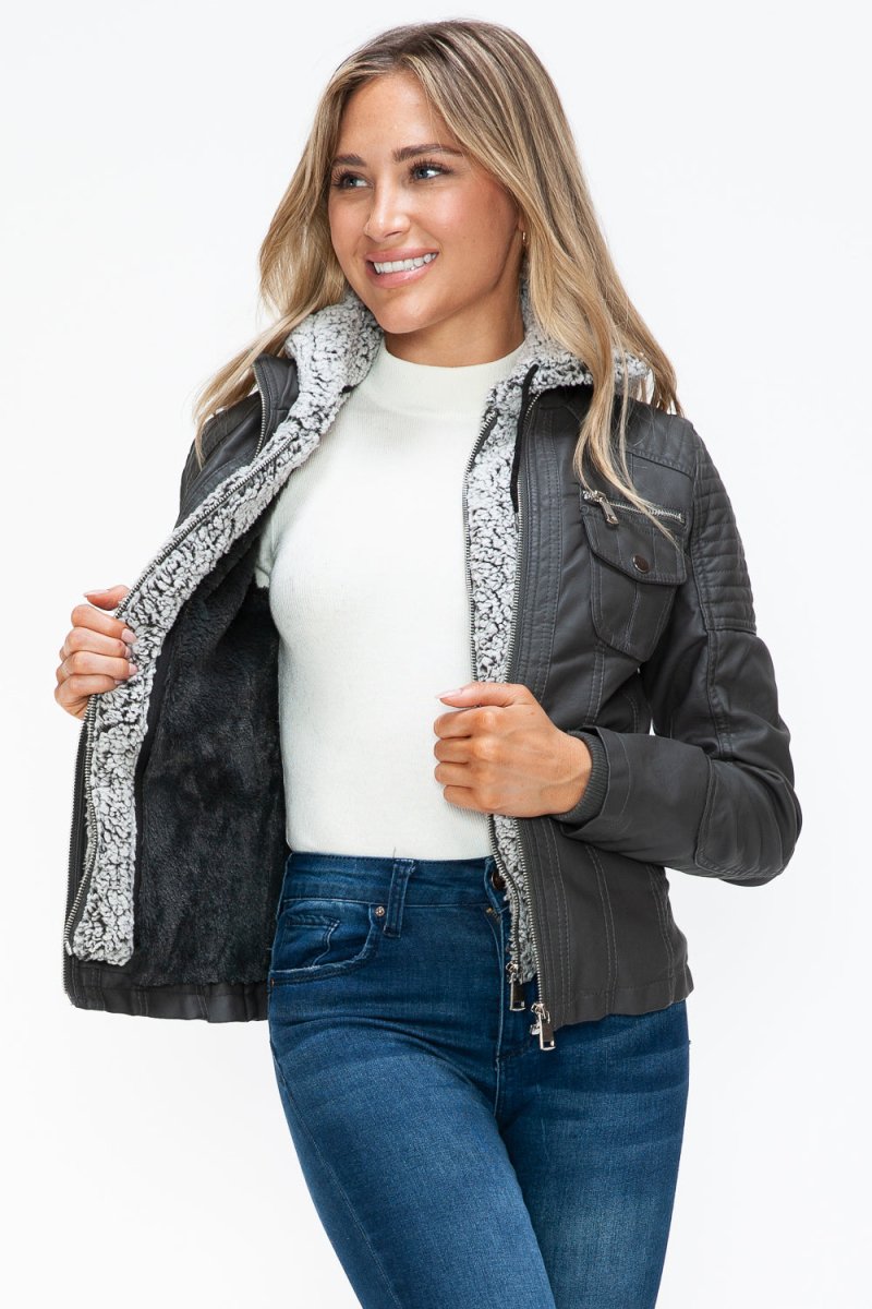 YMI Removable Faux Layered Multi - Pocket Jacket with Fuzzy Hood | Jackets | 12