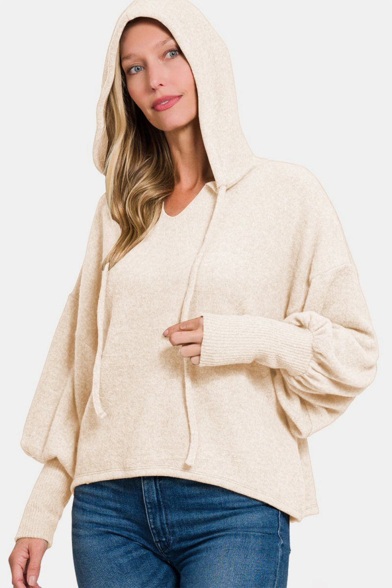 Zenana Brushed Hacci Drop Shoulder Cropped Hoodie | Sweaters | 3