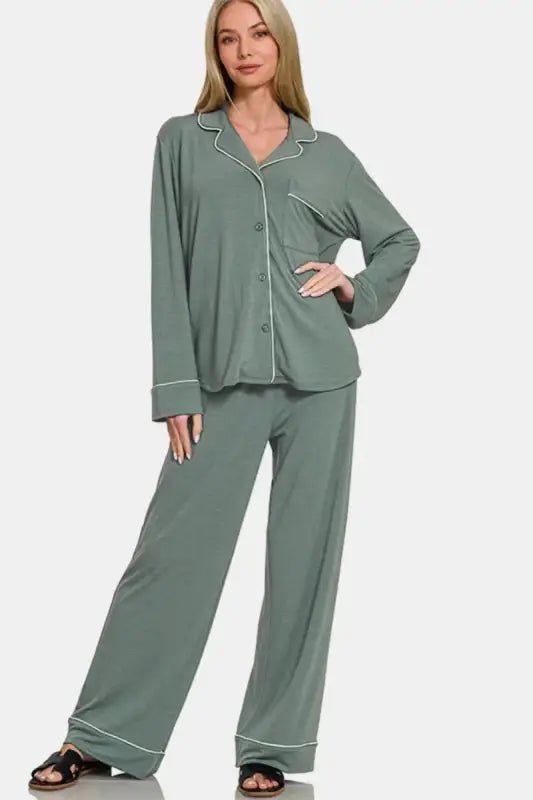 Zenana Button Down Long Sleeve Top and Pants Lounge Set - Sage / S - Pajamas