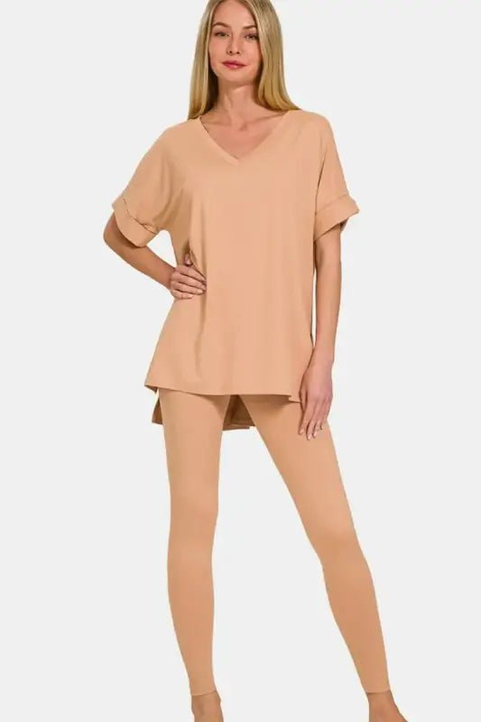 Zenana Full Size V-Neck Rolled Short Sleeve T-Shirt and Leggings Lounge Set - DK Brush / S - Pajamas