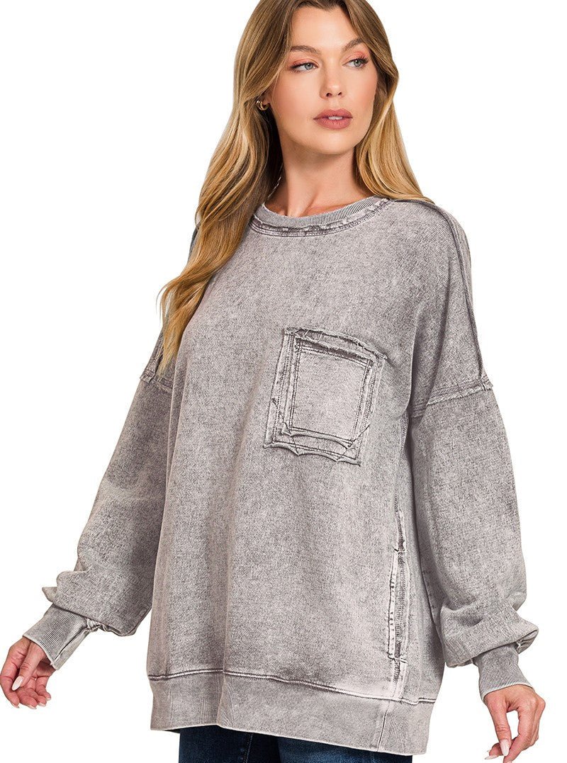 Zenana Halo Washed French Terry Exposed - seam Sweatshirt | Sweaters | 2