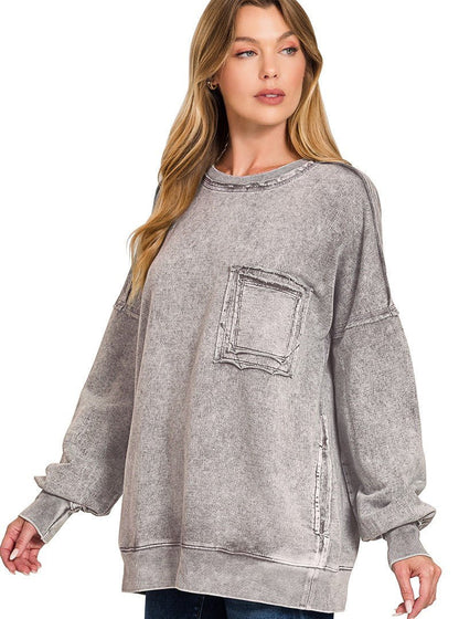 Zenana Halo Washed French Terry Exposed - seam Sweatshirt | Sweaters | 2