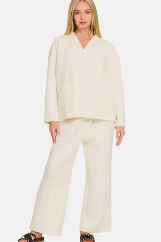 Zenana Quilted Button Up Long Sleeve Top and Pants Lounge Set - Cream / S - Pajamas