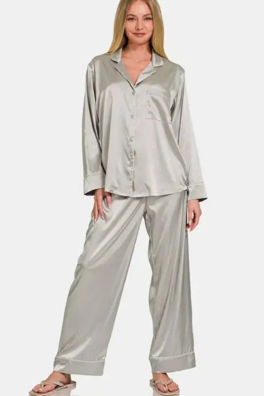 Zenana Satin Long Sleeve Shirt and Pants Pajama Set - Silver / S - Pajamas