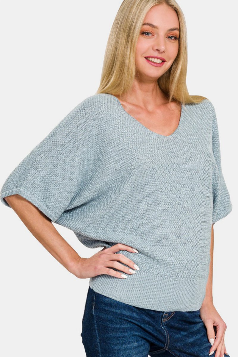 Zenana V - Neck Short Sleeve Dolman Sweater | Sweaters | 1