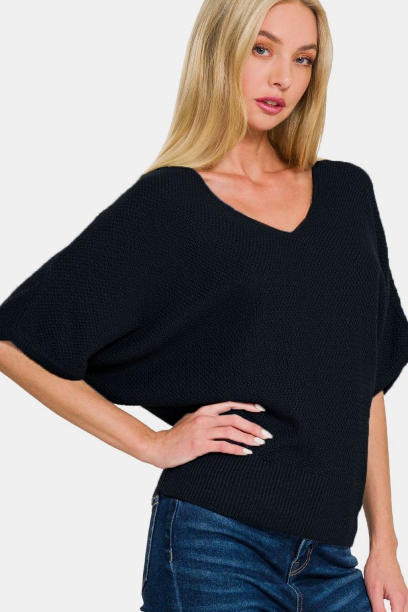 Zenana V - Neck Short Sleeve Dolman Sweater | Tops | 3