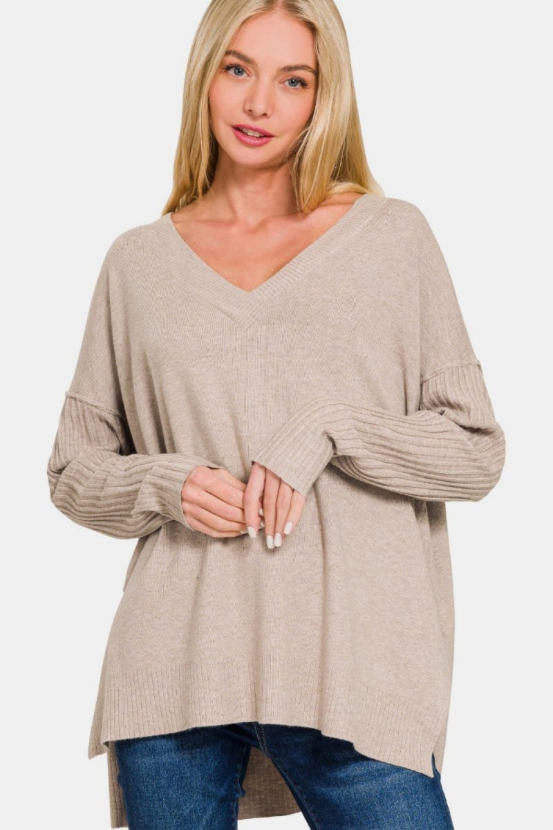 Zenana V - Neck Side Slit High - Low Sweater | | 1