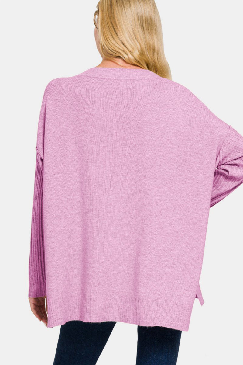 Zenana V - Neck Side Slit High - Low Sweater | Sweaters | 2