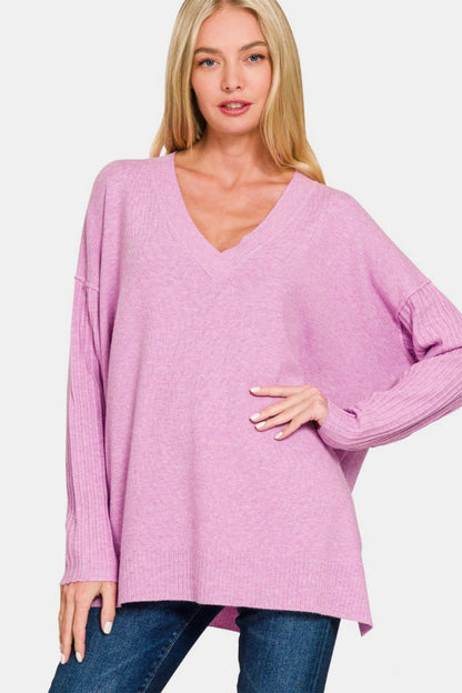 Zenana V - Neck Side Slit High - Low Sweater | Sweaters | 1