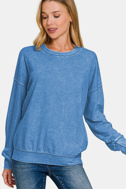 Zenana Washed Round Neck Dropped Shoulder Sweatshirt | Sweaters | 3