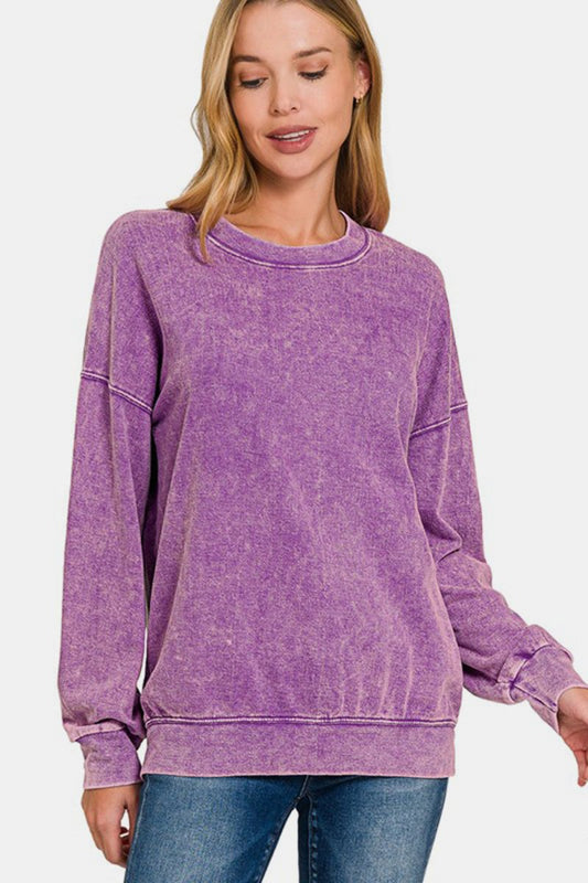 Zenana Washed Round Neck Dropped Shoulder Sweatshirt | Sweaters | 1