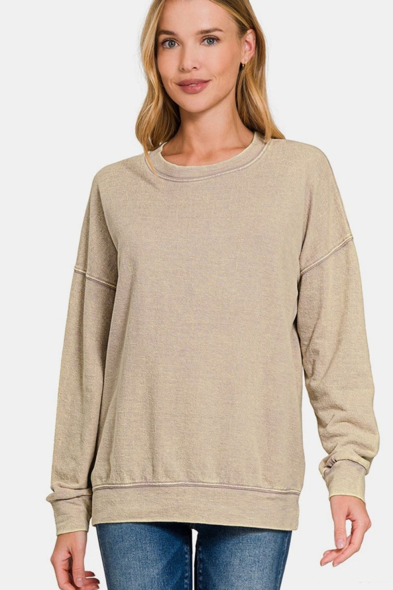 Zenana Washed Round Neck Dropped Shoulder Sweatshirt | Sweaters | 1