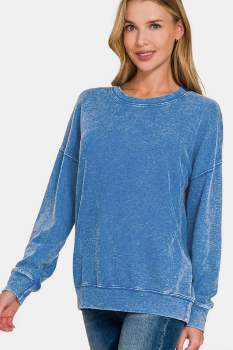 Zenana Washed Round Neck Dropped Shoulder Sweatshirt | Sweaters | 1