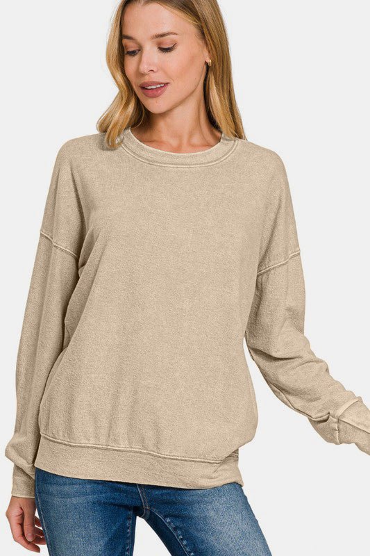 Zenana Washed Round Neck Dropped Shoulder Sweatshirt | Sweaters | 3