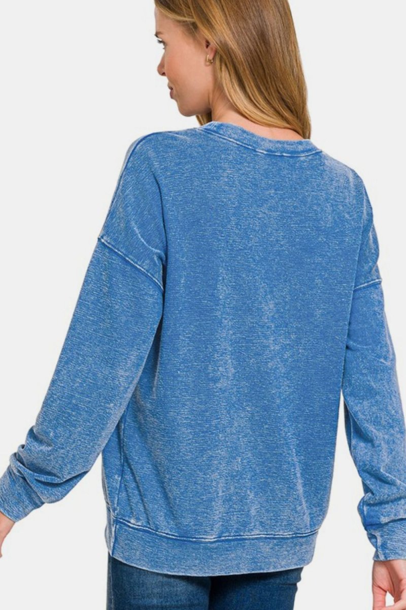 Zenana Washed Round Neck Dropped Shoulder Sweatshirt | Sweaters | 2