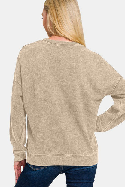 Zenana Washed Round Neck Dropped Shoulder Sweatshirt | Sweaters | 2