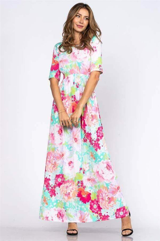 Aqua Crepe De Chine Floral Maxi Dress | 2FruitBearers