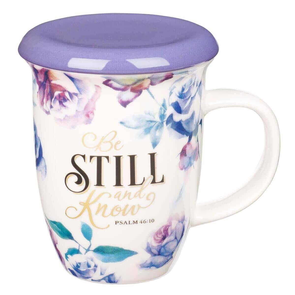 Be Still and Know Lidded Ceramic Mug in Purple - Psalm 46:10 | 2FruitBearers