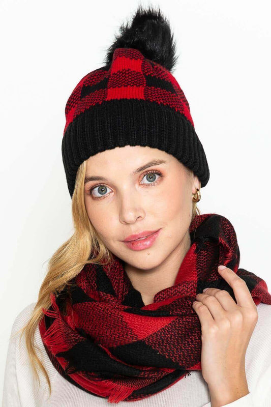 Black/Red Buffalo Plaid Beanie with Pom | 2FruitBearers