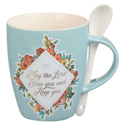 Bless You and Keep You Teal Ceramic Coffee Mug with Spoon - Numbers 6:24 | 2FruitBearers